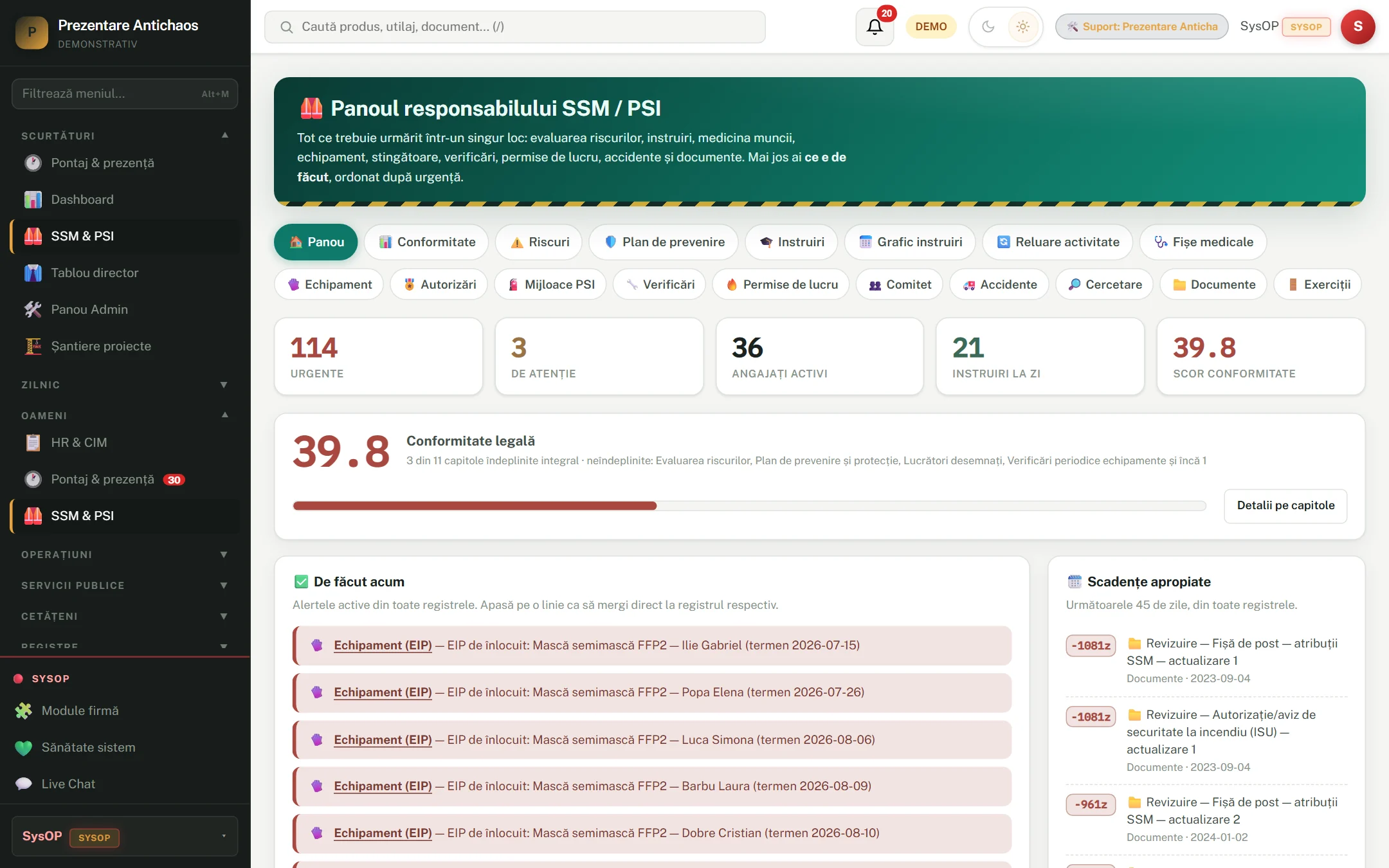 Ecranul SSM & PSI — Securitatea muncii din AntiChaos — captură din instanța de prezentare.